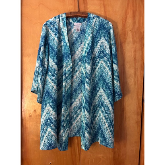 Catherines Tops - Catherines-1X Blue & White Chevron Print Kimono Topper-Artsy-Beach-Resort